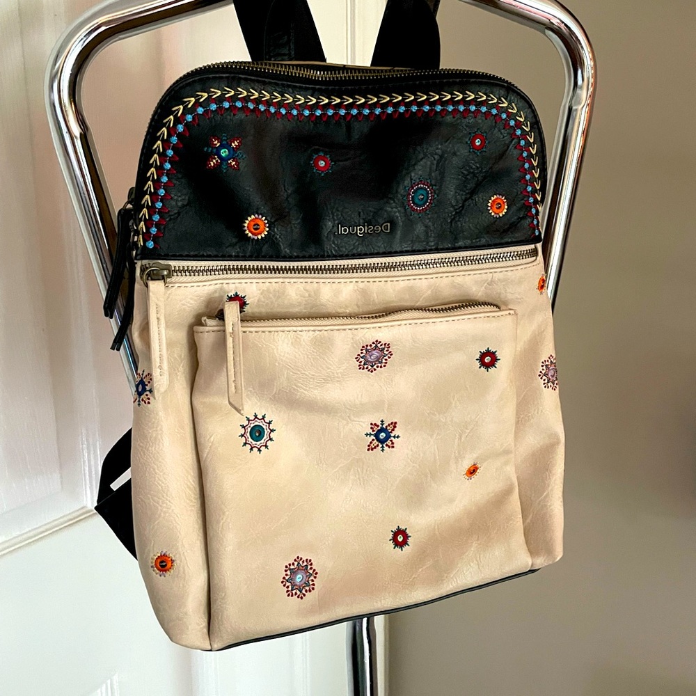 NWOT Desigual Two Tone Leather Backpack with Embroidered Flowers